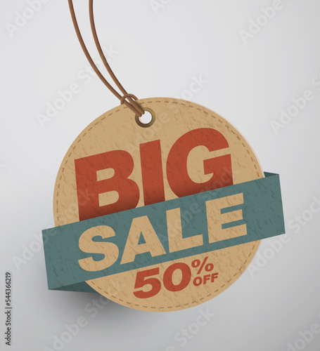 Craft cardboard label Craft label tag Big Sale. Round price tag mockup hanging on leather rope. Realistic EPS file.