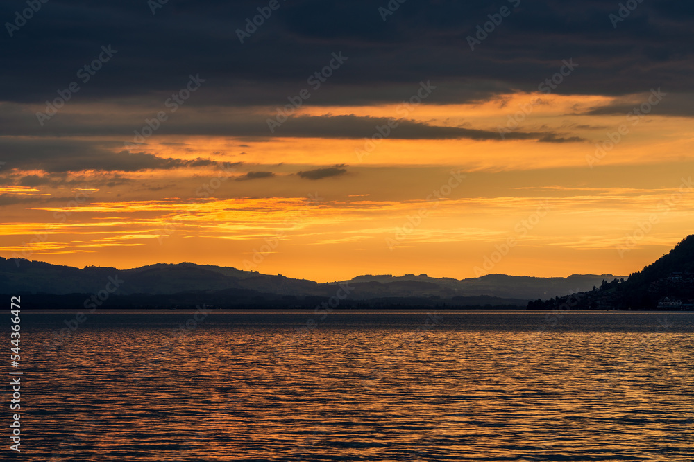 Sunset at Lake Thun in Switzerland.