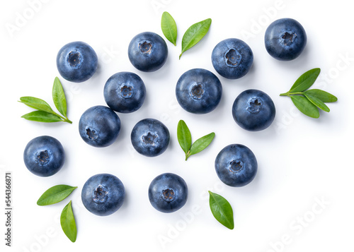 Blueberry isolated. Blueberries top view. Blueberry with leaves flat lay on white background with clipping path.