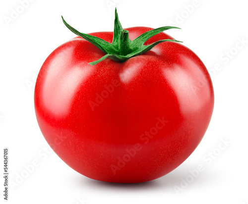 Tomato isolated. One tomato on white background. Perfect retouched red tomato side view. With clipping path. Full depth of field.