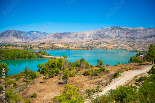Mountain Lake. Emerald water reservoir behind the dam Oymapinar. Green Canyon in Manavgat region  Turkey.