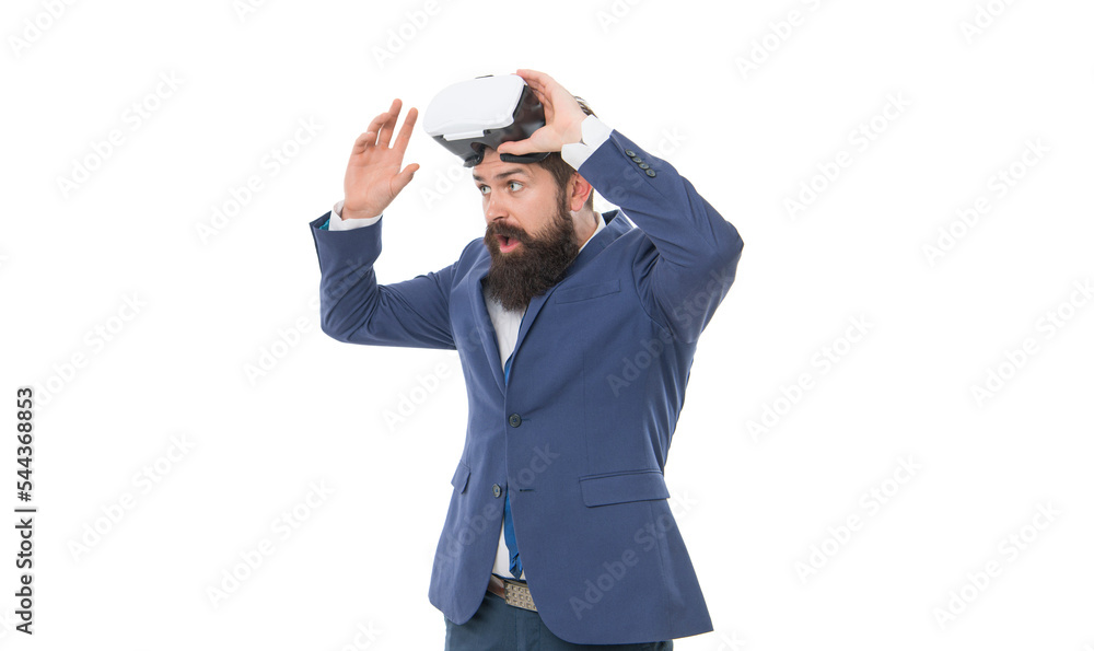 shocked businessman wearing vr glasses isolated on white. vr business concept. shocked businessman wearing vr glasses isolated on white. vr business concept.