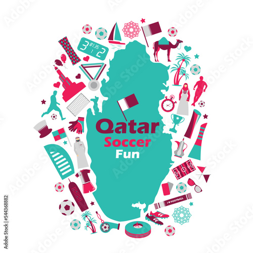 Qatar map Football sports competition, Qatar tourist icon set. Doha background in color national flag. National day. Middle eastern football.