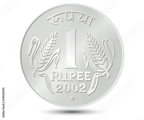 One Rupee coin of India. Coin side isolated on white background. Vector.