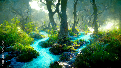 landscape, nature, forest, stream, background, digital illustration