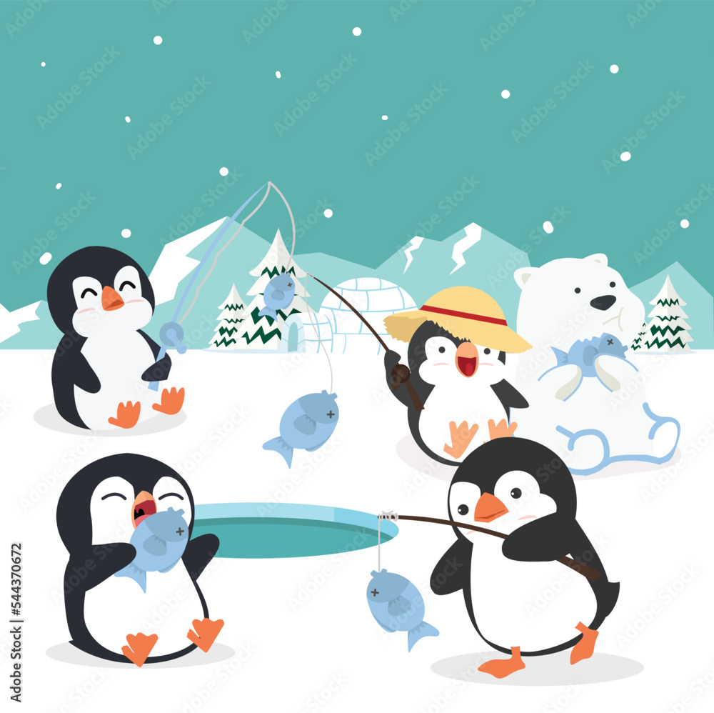Cartoon penguin fisherman caught fish Cartoon penguin fisherman caught fish