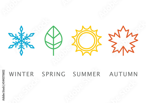 Four seasons icons, signs, symbols. Winter spring summer fall. Snowflake, leaf, sun, autumn leaf. Line art