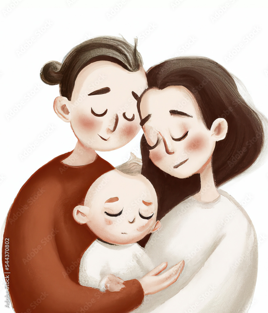 Illustration of a young couple in sweaters holding their baby with eyes closed Illustration of a young couple in sweaters holding their baby with eyes closed