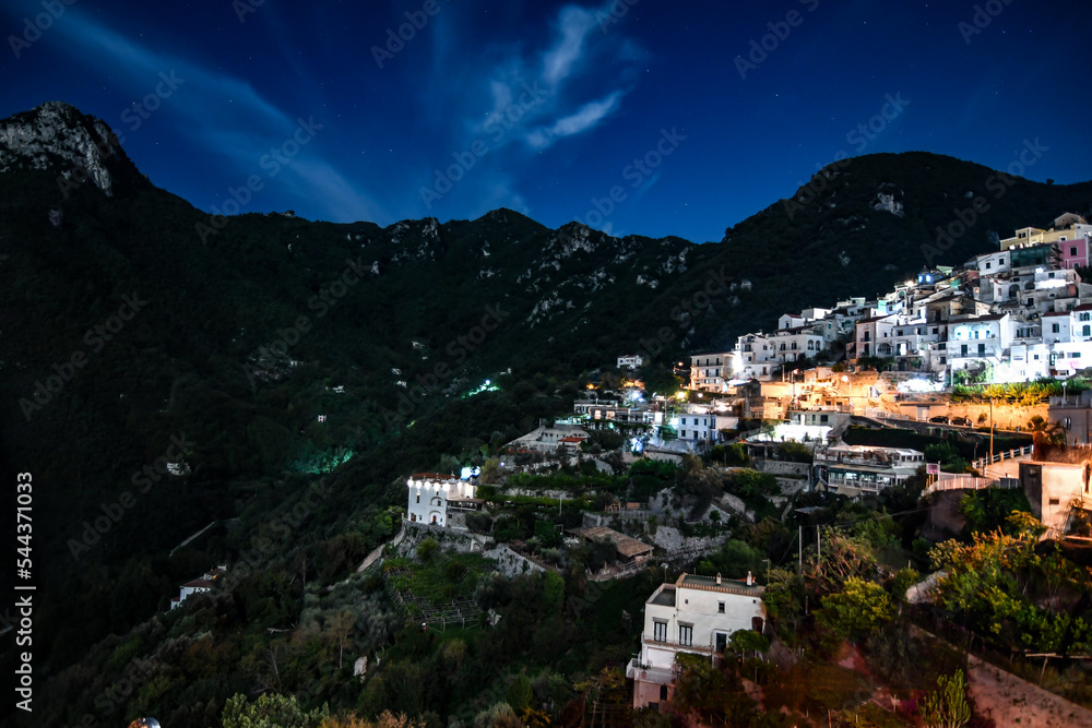 Night view of Albori, a village on the Amalfi coast in Italy.