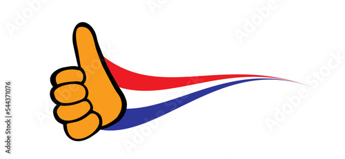 Cartoon drawing hand, thumbs up, top, super and the Netherlands flag. Holland flags and fine, okay sign. Vector hands showing positive mood symbol or icon. For Dutch, orange supporters.  photo