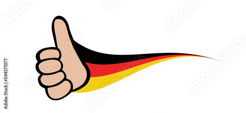 Cartoon drawing hand, thumbs up, top, super and germany flag. Deutschland flags and fine, okay sign. Vector hands showing positive mood symbol or icon photo