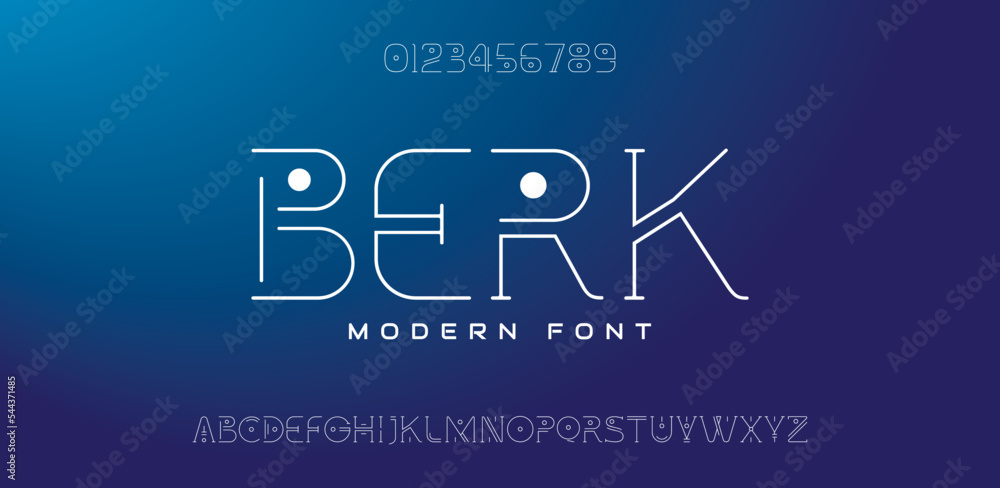 BERK, minimal line font. Alphabet letter fonts for tech. Typography modern style font set for logo, Poster, Banner. Vector typeface illustration.	