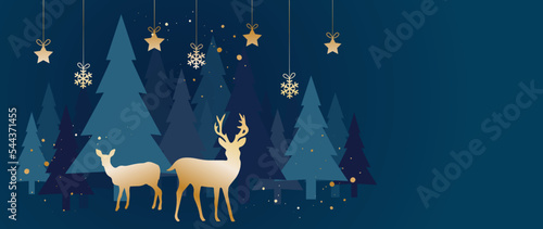 Merry Christmas and Happy New Year, background concept. Vector winter background with elements of christmas trees with golden deer, golden toys and brush on a blue background. 
