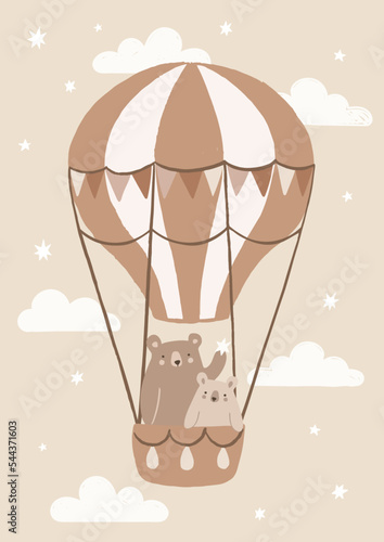 Cute Little Bears Flying in a Hot Air Ballon and Reaching for The Stars. Hand Drawn Vector Illustration in Neutral Colors Ideal for Kids Playroom, Nursery Wall Art.
