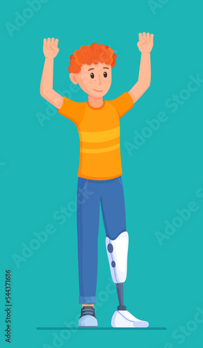Vector illustration with bioprosthesis. Boy isolated on blue background with prosthesis on his leg. 