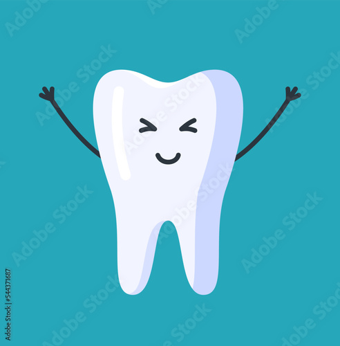 Vector illustration of character tooth. Isolated on a blue background white tooth with arms and legs. Children's tooth design. Emotion.