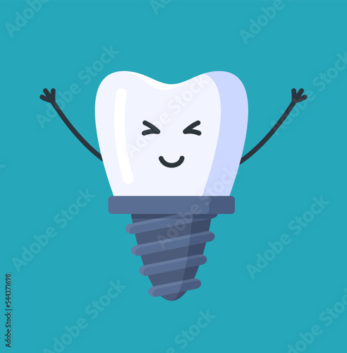 Vector illustration of dental implant character. Dental prosthesis. Isolated on a blue background dental implant. A trip to the dentist. Tooth replacement.  