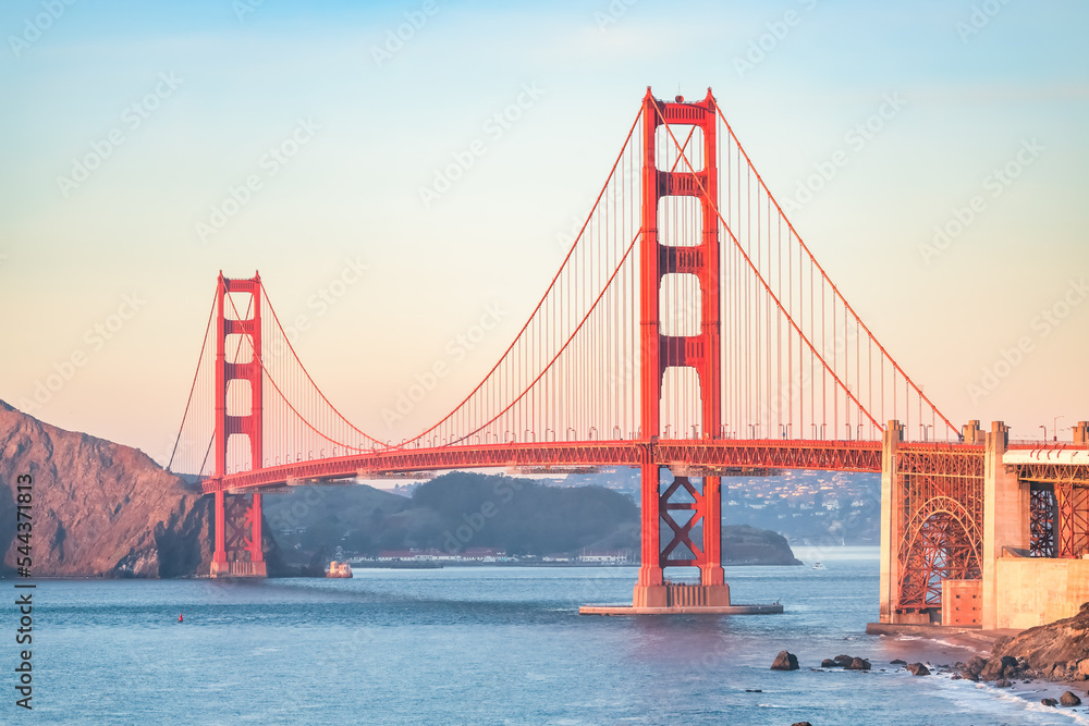Beautiful view of the Golden Gate Bridge in San Francisco, pastel colors. Concept, travel, world attractions Beautiful view of the Golden Gate Bridge in San Francisco, pastel colors. Concept, travel, world attractions