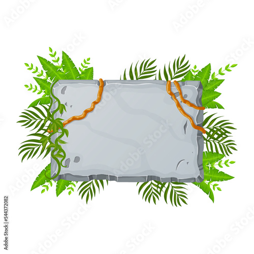 Jungle stone board with liana branches and tropical leaves. Stone banner elements for game and web in cartoon style.