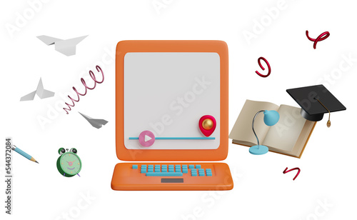 orange laptop computer with play bar,book, lamp, pencil, hat graduation, paper plane, alarm clock isolated. Online innovative education, e-learning concept, 3d illustration or 3d render