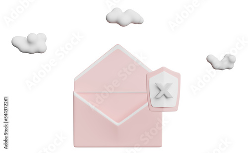 envelope with shield insecure isolated. Internet security or privacy protection or ransomware protect concept, 3d illustration or 3d render