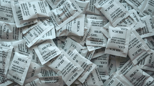 A bunch of desiccant or silica gel in white paper packaging. photo