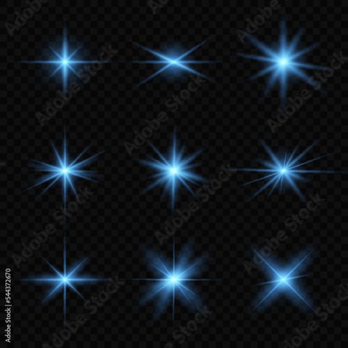 Blue lens flares set. Isolated lights on transparent background. Glow flare light effect. Vector image