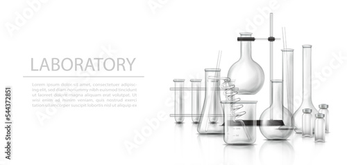 3d realistic vector icon.  Pharmaceutical and medical background. Laboratory glassware with test tubes, beakers and pipeline and testers. Isolated on white.