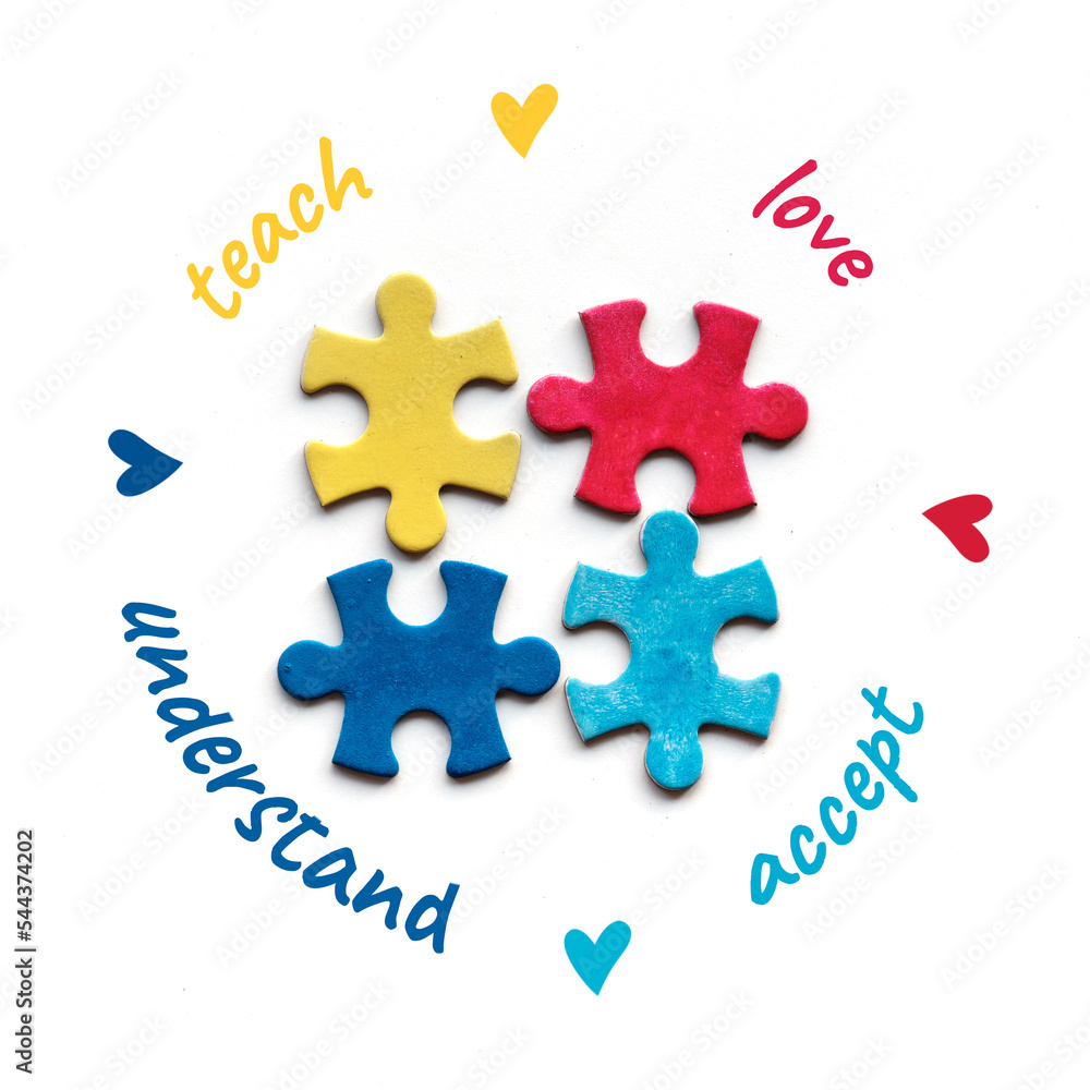 Obraz premium Autism World Awareness Day. Four puzzle pieces, different colors. Words love, teach, accept, understand around. Autism awareness symbol, mosaic on white background. Flat lay, top view, square