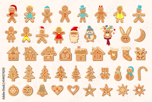 Big Christmas gingerbread collection. Gingerbread men and women, houses, Christmas trees, rabbit, Santa Claus, balls, hearts, snowflakes, stars, bear, penguin, deer, snowman, sock, mitten, bell, moon
