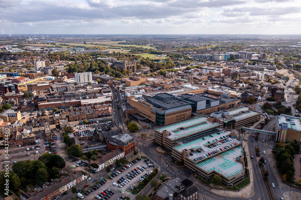 Aerial view directly above Peterborough city centre