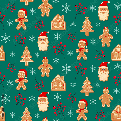 Seamless pattern with Christmas gingerbreads, snowflakes and winter berries. Xmas homemade biscuits in shape of gingerbread man, woman, house,fir tree, Santa Claus on dark green background.
