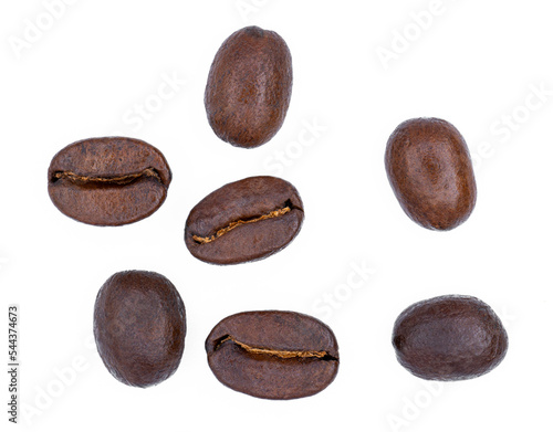 Top down coffee beans isolated on white background.