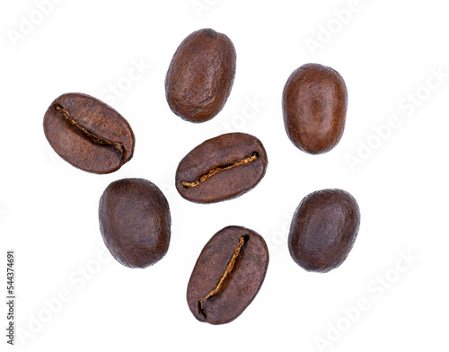 Top down coffee beans isolated on white background.