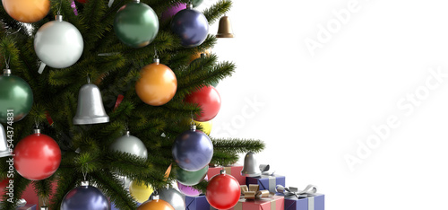 Merry Christmas concept, black background. Balls and bells hanging from tree branches, gift wrapping on the floor. Winter holiday card decorations, copy space above top view. 3D rendering