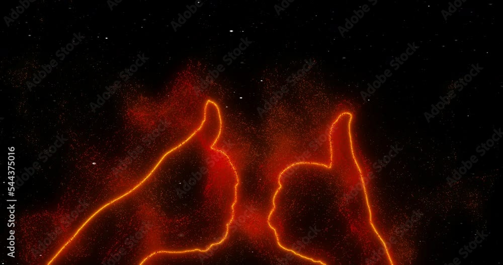 Two hands show a thumbs up sign in space among the stars. Abstraction, 3d render, neon glowing lines and particles. Red outline of hands. Two hands show a thumbs up sign in space among the stars. Abstraction, 3d render, neon glowing lines and particles. Red outline of hands.