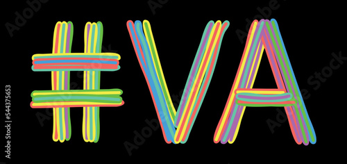 VA Hashtag. Multicolored bright isolate curves doodle letters like from marker, oil paint. #VA is abbreviation for the USA state Virginia for social network, web resources, mobile apps.