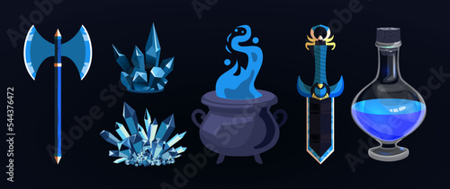 A set of fantasy items. Props for witchcraft. Axe, crystals, cauldron, dagger, potion bottle. Ritual weapons, blue boiling var, bubbling elixir. Vector game graphics. Mobile game icons.
