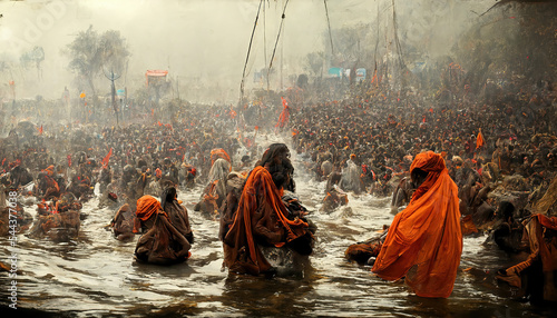 AI generated image of Kumbh Mela with a large crowd of Naga sadhus, Aghoris and pilgrims taking a bath in the Ganga  photo