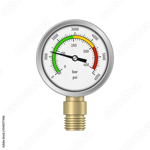 High pressure gauge with brass fitting. Instrument for measuring pressure. Vector illustration.