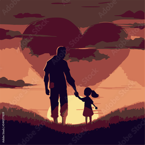 Father and daughter love illustration. Family love. Vector art of a dad holding the hand of a little girl. Sweet cute relationship. Fatherhood. Trust and cute. Adorable love. Walking towards a hearth