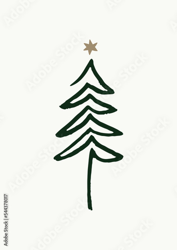 Continuous One Line Drawing Of Christmas Tree In Dark Green Color On Off-White Background. Hand Drawn Simple Vector Illustration In Linear Modern Style. Ideal For Holiday Greeting Cards.