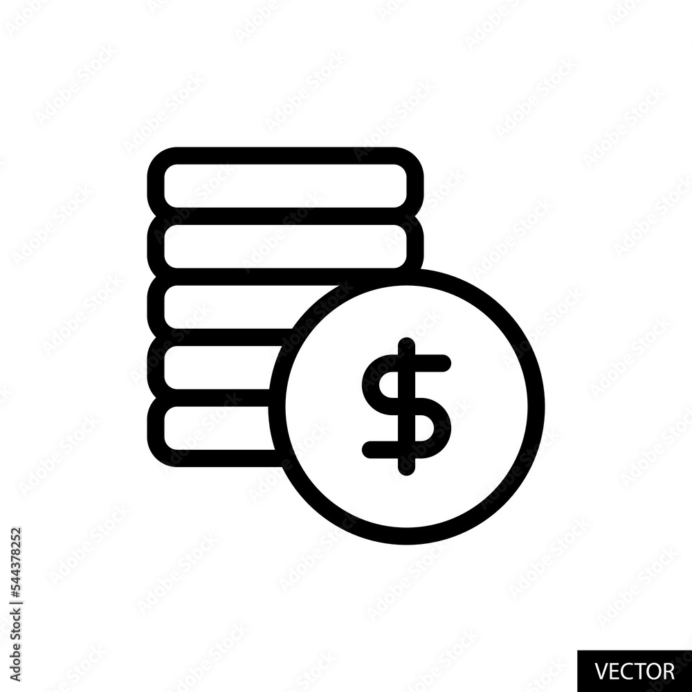 Coins stack, Revenue, Money vector icon in line style design for website, app, UI, isolated on white background. Editable stroke. Vector illustration. Coins stack, Revenue, Money vector icon in line style design for website, app, UI, isolated on white background. Editable stroke. Vector illustration.