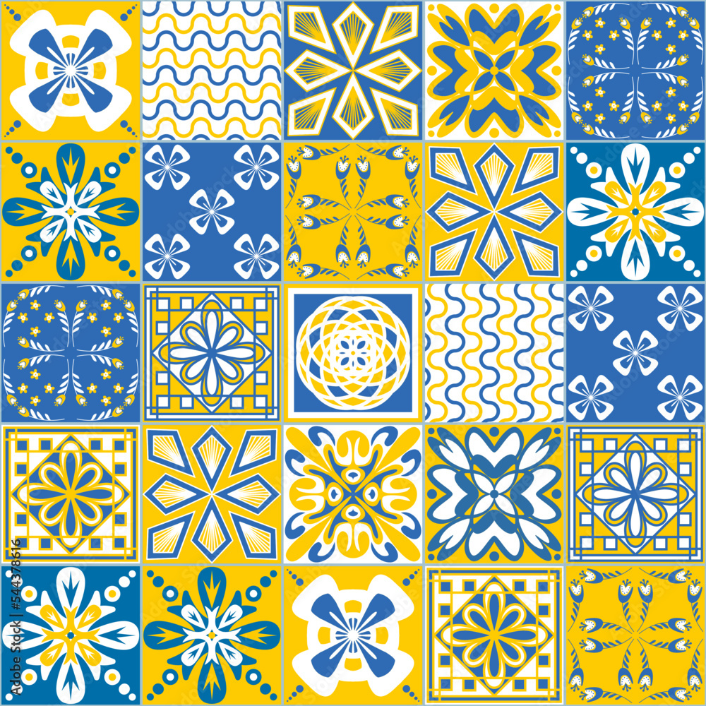 Yellow blue seamless pattern, spanish Azulejo tile mosaic, contrast bright vector illustration Yellow blue seamless pattern, spanish Azulejo tile mosaic, contrast bright vector illustration