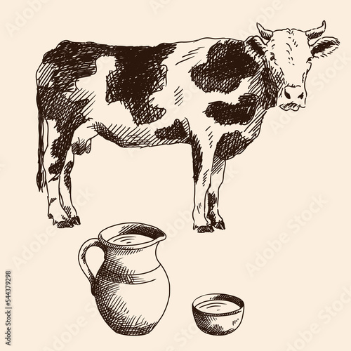 A quick freehand pencil sketch of a cow and a jug of milk and bowl