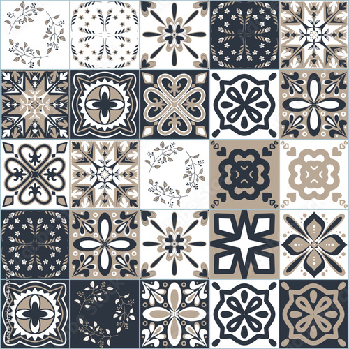 Azulejo spanish style ceramic tile design, graphite beige background for interior design, seamless pattern vector illustration