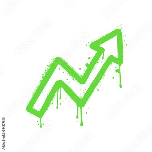 Urban Graffiti green arrow sign with overspray in green over white. Rise up icon. Hand drawn vector textured illustration.