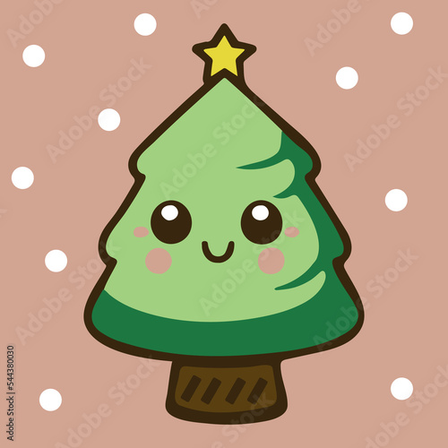 Cute adorable christmas tree. Kawaii illustration. WInter holiday. Cartoon celebreation tree. Decoration character for a merry cmas. Fun element. Flat tree icon for celebration. Winter snow for card. photo