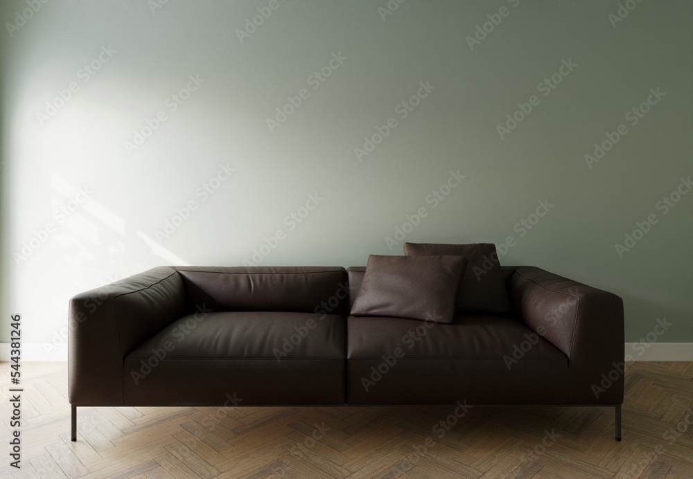 Fototapeta premium Leather sofa in the interior, with free space on the wall. 3d rendering