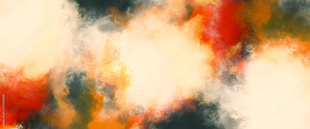 Fototapeta premium Colorful grunge art painting. Effect of light hot colored of sunset clouds cloud on the sunset sky background. Burning background. Abstract watercolor grunge background design.